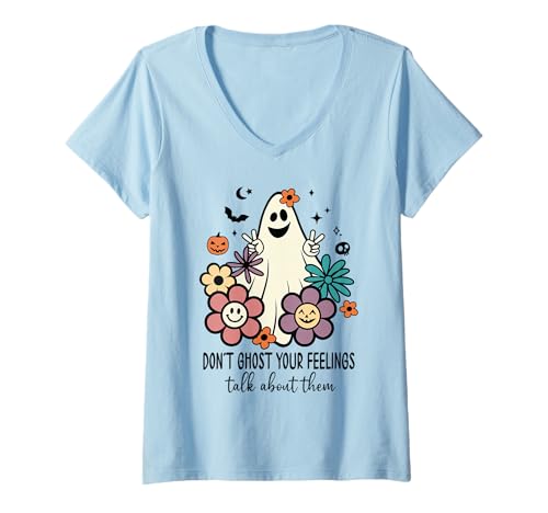 Damen Don't Ghost Your Feelings Halloween Mental Health Therapy T-Shirt mit V-Ausschnitt Damen Don't Ghost Your Feelings Halloween Mental Health Therapy T-Shirt mit V-Ausschnitt von Dont Ghost Your Feelings Shirts for Mental Health