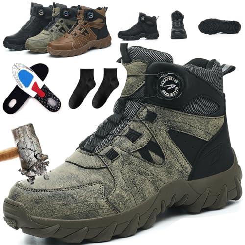 Arbeitsschuhe Herren Sicherheitsstiefel S3 Sicherheitsschuhe Mit Stahlkappe Wasserdicht Hoch Sicherheitsstiefel rutschfest Arbeitsstiefel Drehknopf Leicht Anti-Punktur Anti-Smash Unisex (Grün,40) von Donubiiu