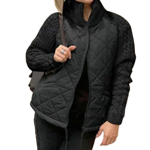 Damen Strick Patchwork Puffy Jacke,2024 NeuePatchwork Jacket for Women,Women's Knit Patchwork Puffy Jacket (Black,XL) von Donubiiu