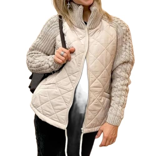 Damen Strick Patchwork Puffy Jacke,2024 NeuePatchwork Jacket for Women,Women's Knit Patchwork Puffy Jacket (Khaki,M) von Donubiiu