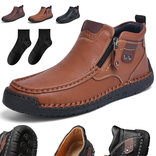 Donubiiu Fußwohl Orthopädische Premium-Stiefel,High-Top Outdoor Schuhe mit seitlichem Reißverschluss und handgenähtem Design,Casual Leather Slip Walking Boots für Wandern Camping (Braun,39) von Donubiiu