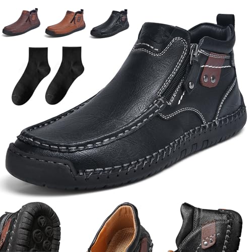 Donubiiu Fußwohl Orthopädische Premium-Stiefel,High-Top Outdoor Schuhe mit seitlichem Reißverschluss und handgenähtem Design,Casual Leather Slip Walking Boots für Wandern Camping (Schwarz,41) von Donubiiu