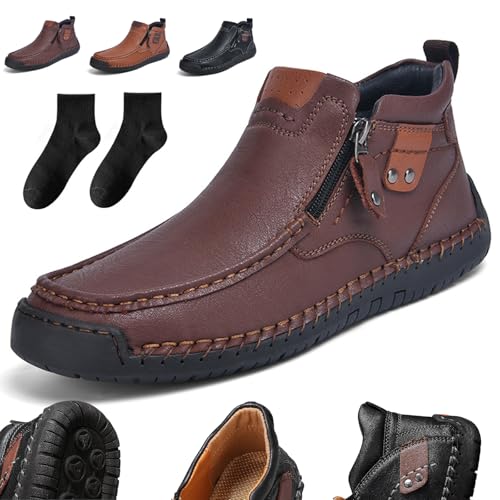 Donubiiu Fußwohl Orthopädische Premium-Stiefel,High-Top Outdoor Schuhe mit seitlichem Reißverschluss und handgenähtem Design,Casual Leather Slip Walking Boots für Wandern Camping (Dunkelbraun,38) von Donubiiu