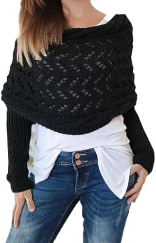 Donubiiu Schal Mit äRmeln Strick,Gestrickter Zopfmuster-Umhang, Bolero FüR Damen,Scarf With Sleeves,Knitted Wrap (Schwarz) von Donubiiu