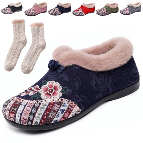 Dritnow Womens Warm Floral Embroidered Winter Shoes - Cozy, Lightweight & Non-Slip Everyday Shoes,Winterschuhe Damen Gefüttert, Komfortschuhe Weich Freizeitschuhe Mit Stickerei (Blau,40) von Donubiiu