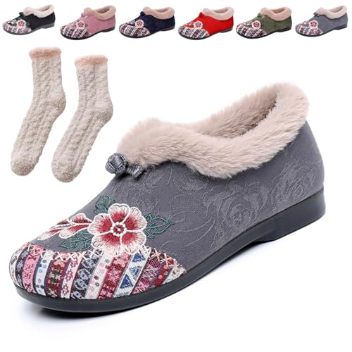 Dritnow Womens Warm Floral Embroidered Winter Shoes - Cozy, Lightweight & Non-Slip Everyday Shoes,Winterschuhe Damen Gefüttert, Komfortschuhe Weich Freizeitschuhe Mit Stickerei (Grau,35) von Donubiiu