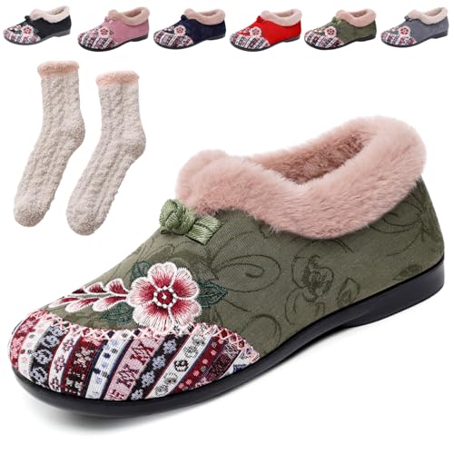 Dritnow Womens Warm Floral Embroidered Winter Shoes - Cozy, Lightweight & Non-Slip Everyday Shoes,Winterschuhe Damen Gefüttert, Komfortschuhe Weich Freizeitschuhe Mit Stickerei (Grün,39) von Donubiiu