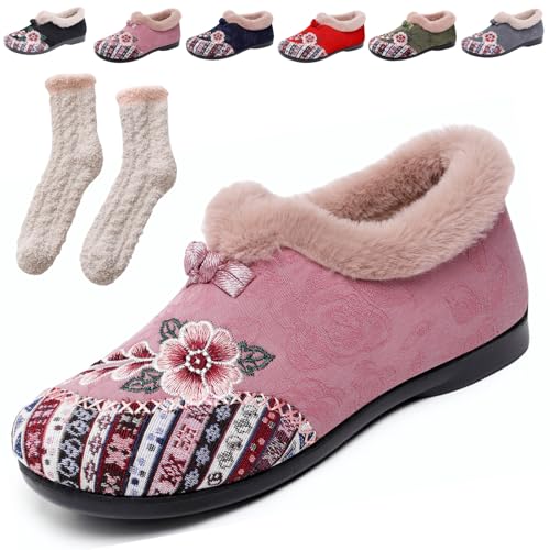Dritnow Womens Warm Floral Embroidered Winter Shoes - Cozy, Lightweight & Non-Slip Everyday Shoes,Winterschuhe Damen Gefüttert, Komfortschuhe Weich Freizeitschuhe Mit Stickerei (Pink,38) von Donubiiu