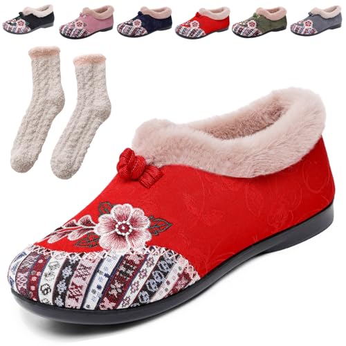 Dritnow Womens Warm Floral Embroidered Winter Shoes - Cozy, Lightweight & Non-Slip Everyday Shoes,Winterschuhe Damen Gefüttert, Komfortschuhe Weich Freizeitschuhe Mit Stickerei (Rot,35) von Donubiiu