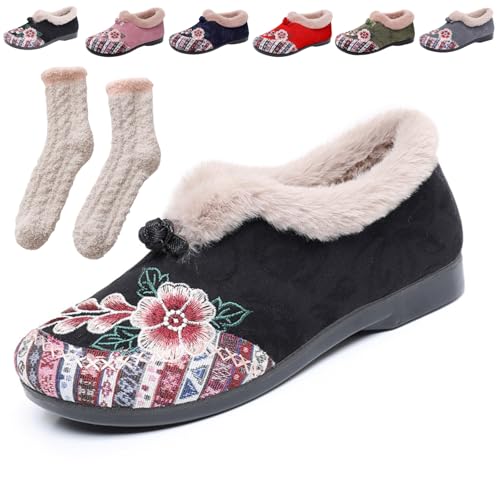 Dritnow Womens Warm Floral Embroidered Winter Shoes - Cozy, Lightweight & Non-Slip Everyday Shoes,Winterschuhe Damen Gefüttert, Komfortschuhe Weich Freizeitschuhe Mit Stickerei (Schwarz,39) von Donubiiu