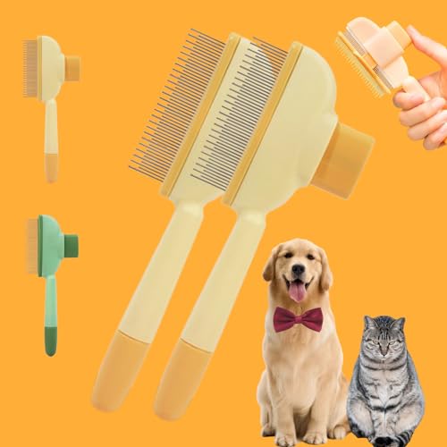 Fellblitz-BüRste, Selbstreinigender Katzenkamm Mit Langen und Kurzen MetallzäHne Ein-Knopf-Reinigung, AuslöSeknopf HaustierbüRste FüR Lang- Und Kurzhaarpflege (Gelb+Gelb) von Donubiiu