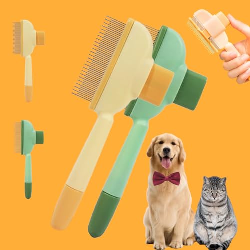 Fellblitz-BüRste, Selbstreinigender Katzenkamm Mit Langen und Kurzen MetallzäHne Ein-Knopf-Reinigung, AuslöSeknopf HaustierbüRste FüR Lang- Und Kurzhaarpflege (Gelb+Grün) von Donubiiu