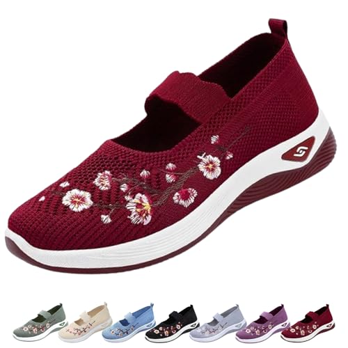 OrthopäDische Schuhe Damen, Atmungsaktive orthopadischen Ballerinas wurden, Slip On Embroidered Flower Shoeses, Walkingschuhe Gesundheitsschuh Mesh Trainer (Rot,39) von Donubiiu