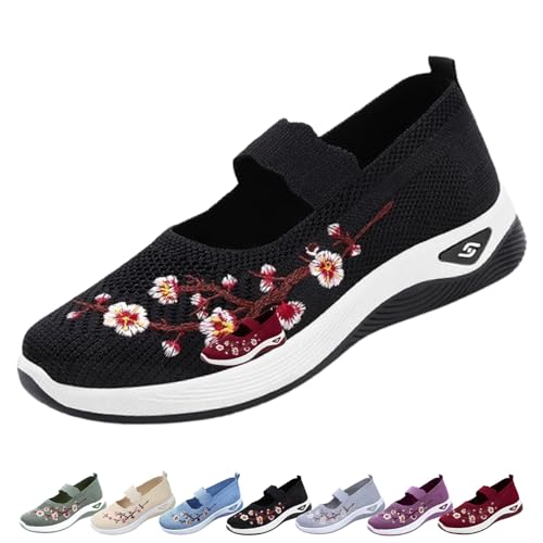 OrthopäDische Schuhe Damen, Atmungsaktive orthopadischen Ballerinas wurden, Slip On Embroidered Flower Shoeses, Walkingschuhe Gesundheitsschuh Mesh Trainer (Schwarz,43) von Donubiiu