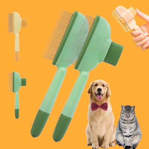 Self-Cleaning Pet Flea Comb Grooming Brush, Flohkamm FüR Katze Und Hund Mit AuslöSeknopf, Ein-Knopf-Reinigung Haustier Fellpflege BüRste, füR Lang- Und Kurzhaarpflege (Grün+Grün) von Donubiiu