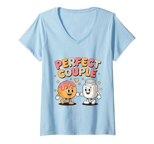 Damen Perfektes Paar Donut Und Milch Cooles Motiv T-Shirt mit V-Ausschnitt von Donut Milch Frühstück Liebe Partnerschaft Designs