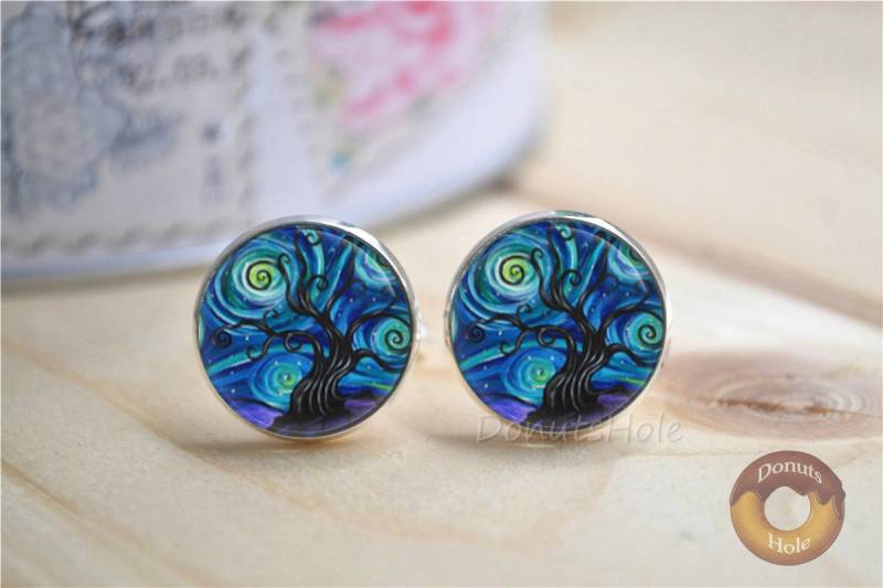 Baum Manschettenknöpfe, Van Gogh Sternenhimmel Kunst Malerei Schmuck, Sternennacht Hochzeit Manschettenknöpfe von DonutsHole