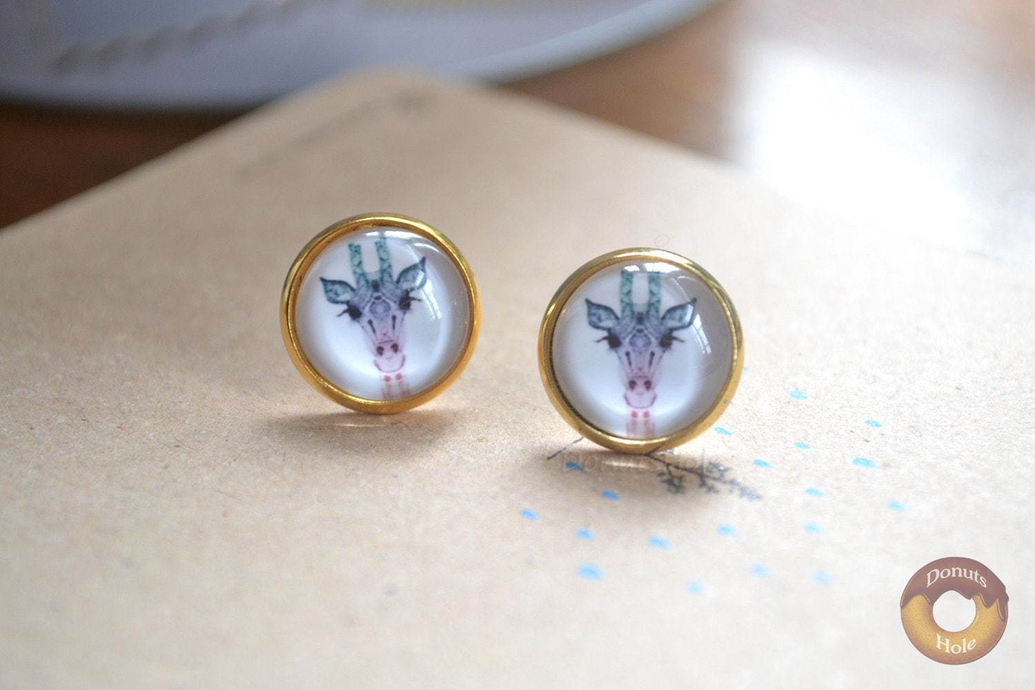 Giraffe Ohrringe, Niedliche Ohrstecker, Tier Zoo Schmuck, Cabochon Glaskuppel Foto Schmuck Besonders Anfertigen von DonutsHole