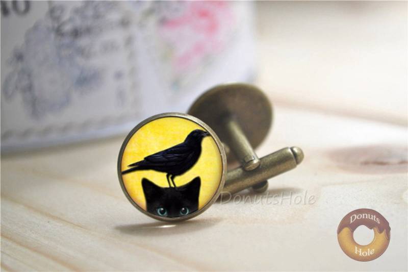 Peeking Katze Manschettenknöpfe, Schwarze Und Vogel Krähe Haustier Schmuck, Hochzeit Bräutigam Manschettenknöpfe Geschenk von DonutsHole