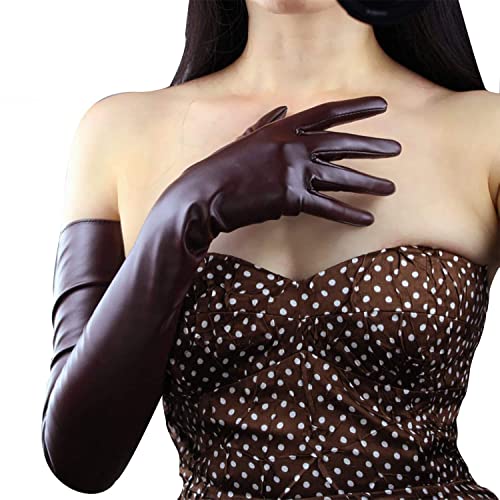 DooWay Damen Extra Lange Leder Handschuhe Kunstleder Weich für Abend Party Laufsteg Show Kostüm Kaffee Braun 70cm, dunkelbraun, 85 von DooWay