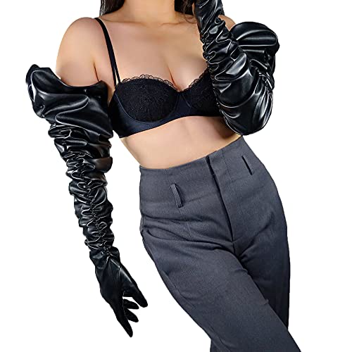 DooWay Damen-Handschuhe, superlang, Leder, Touchscreen, gerüschte Ärmel, Übergröße, Puff-Schulterlänge, Unisex, Schwarz, 100 cm, Black-tech, 85 von DooWay