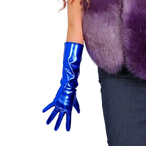 DooWay Damen-Handschuhe aus glänzendem Leder, Ellenbogen-Länge, 40 cm, Metallic-Blau, Kunstleder, Wet-Look, Metallic-Blau, 40 cm, 85 von DooWay