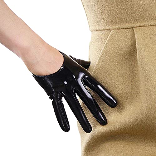 DooWay Damen Kurze Lederhandschuhe Faux Lack PU Wetlook Gothic Kostüm Kleid Handschuhe Glänzend Schwarz 13cm von DooWay