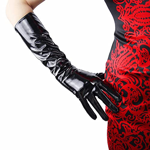 DooWay Damen Lange Lederhandschuhe Wetlook Faux Lack PU Glänzend Schwarz 40cm für Abend Cosplay von DooWay