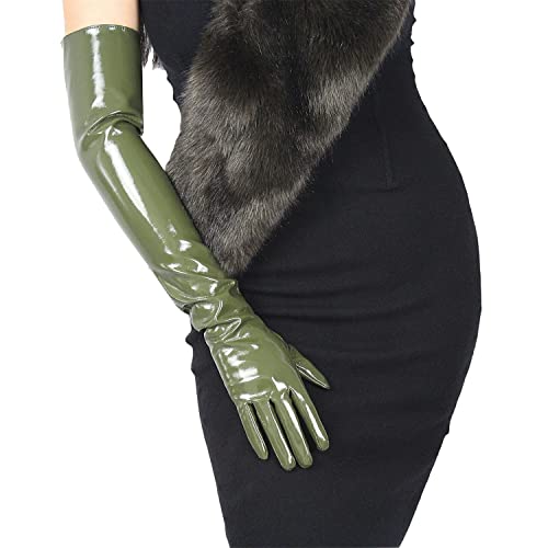 DooWay Damen Lange Lederhandschuhe Wetlook Kunstleder PU für Abend Opera Ball Kostüm Party Olivgrün 60cm, Olivgrün, 60 cm, 85 von DooWay