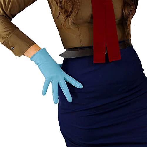 DooWay Damen Mode Winter Warme Lederhandschuhe Hellblau importiert Schaffell Leder Handgelenk Kurz Kleid Fahrhandschuhe, hellblau, 85 von DooWay