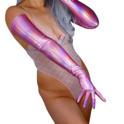 DooWay Holographische Abendhandschuhe für Damen, Stretch, 70 cm, super lang, Metallic-Handschuhe für Kostüm, Rave Dace Party, Holografisches Pink, 85 von DooWay