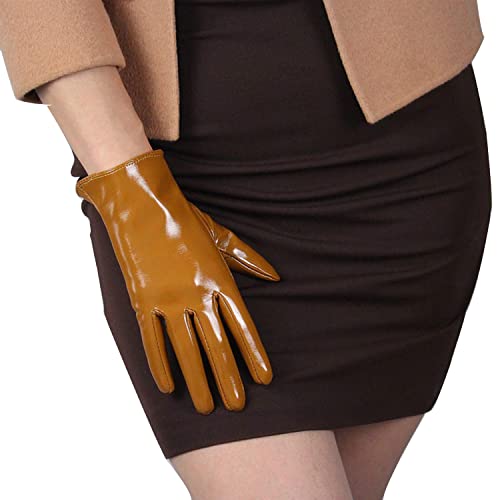 DooWay Kurze Lederhandschuhe für Damen, Wet-Optik, Kunst-Lack, PU, Abend-Kostüm, Cosplay, Partykleid, Handschuhe, 21 cm, Braun, Braun, 21 cm, 85 von DooWay