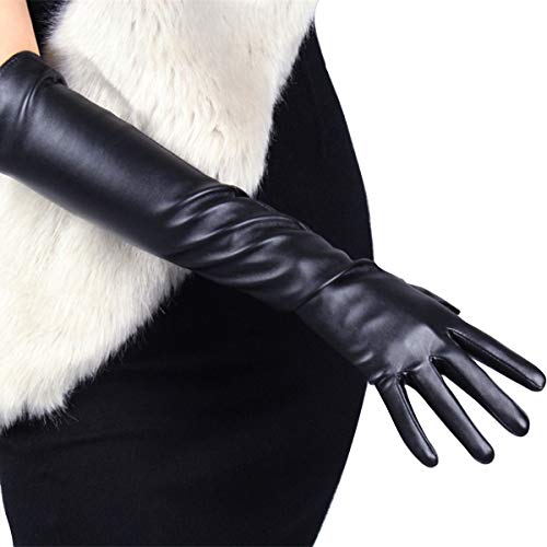 DooWay Mode Lange Lederhandschuhe Touchscreen Faux Lammfell Leder für Damen Abend Oper Kostüm Party Schwarz Größe M, Glänzendes Schwarz, 50 cm, 38 von DooWay