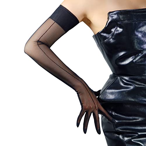 DooWay Super lange Tüll-Handschuhe, dehnbare Spitze, halbtransparent, 71,1 cm, sexy Tech-Touchscreen, Damen-Abendkostüm, Schwarz/Rot, Schwarze Rückseite, Medium von DooWay