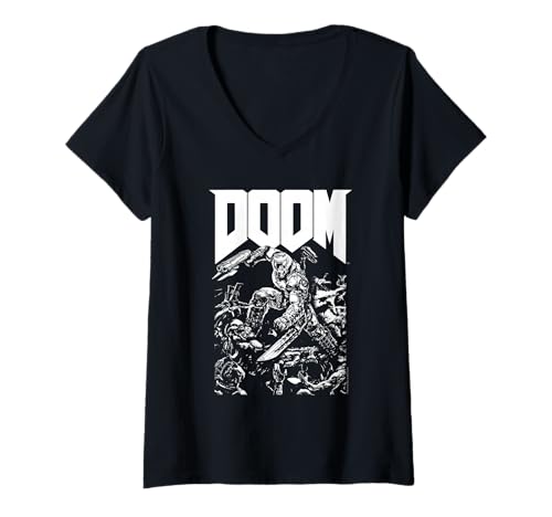 Damen Doom Baron Pixelated Character with Logo Video Game T-Shirt mit V-Ausschnitt Damen Doom Baron Pixelated Character with Logo Video Game T-Shirt mit V-Ausschnitt von Doom