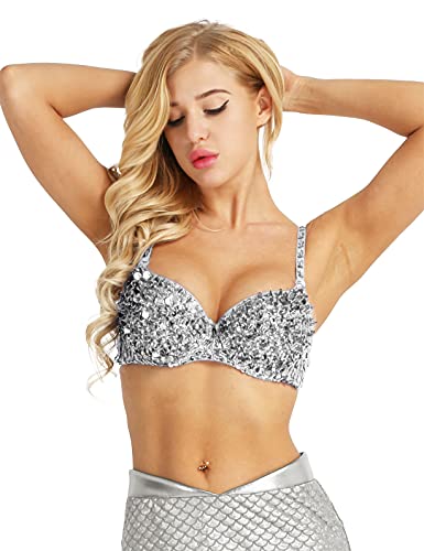 Doomiva Damen BH Push Up Pailletten Bauchtanz Oberteil Top Bustier mit Glitzer Tanzkostüm Karneval Fasching Verkleidung Silber M von Doomiva