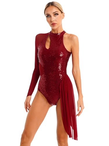 Doomiva Damen Tanzkleid Ärmellos Tanzanzug Mesh Ballettkleid Glitzer Ballett Trikotanzug mit Asymmetrisch Rock Latein Kleid Tanzkleidung Ya Burgundy M von Doomiva