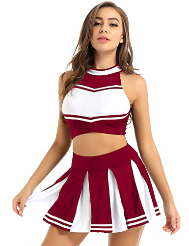 Doomiva Damen Cheerleaderin Kostüm Set Karneval Faschings Tanzkostüm Set Cheerleading Kostüm Cheerleaderuniform Halloween Tanzkleidungset Weinrot S von Doomiva