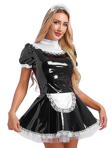 Doomiva Damen Dienstmädchen Kostüm Cosplay Französisch Magd Uniform Kanrevalskostüm mit Halsriemen Faschingskostüm Wetlook Minikleid Lederkleid Xa Schwarz 5XL von Doomiva