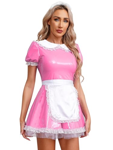 Doomiva Damen Dienstmädchen Kostüm Cosplay Französisch Magd Uniform Kanrevalskostüm mit Halsriemen Faschingskostüm Wetlook Minikleid Lederkleid Yc Hell Rosa 4XL von Doomiva