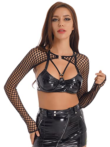 Doomiva Damen Einfarbig Crop Top Langarm Stretch Lang Handschuhe Tops Bolero Armmanschette Armstulpen Kurz Jacke Schwarz Netz 3XL von Doomiva