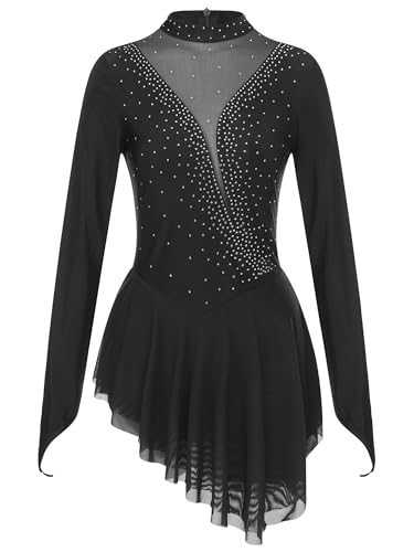 Doomiva Damen Eiskunstlauf Kleid Langarm Ballettanzug mit Strass Kürkleid Rollkunstlauf Tanzkleid Glitzer Tanzkostüm Wettbewerb Schwarz XL von Doomiva