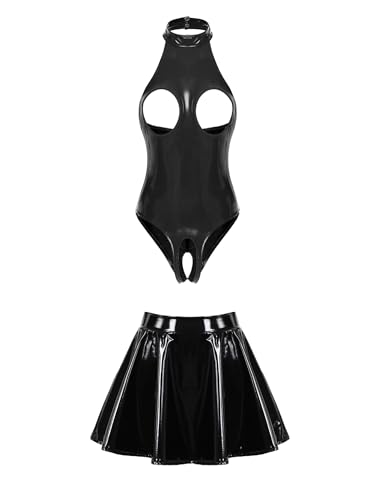 Doomiva Damen Glänzende Set Leder Body Einteiler Brustfrei Bodysuit Cut Out Castuit High Cut Stringbody Mini Faltenrock Schwarz 4XL Doomiva Damen Glänzende Set Leder Body Einteiler Brustfrei Bodysuit Cut Out Castuit High Cut Stringbody Mini Faltenrock Schwarz 4XL von Doomiva