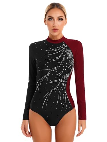 Doomiva Damen Turnanzug Langarm Tanzbody Glitzer Gymnastikanzug Ballettanzug Eiskunstlaufanzug Leotards Strass Wettbewerb Tanzkleidung Burgundy M von Doomiva