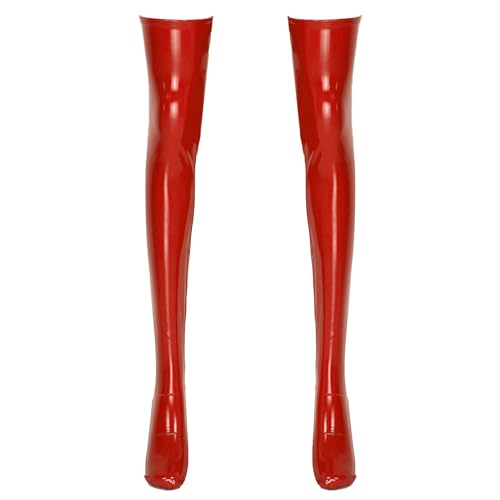 Doomiva Damen Herren Halterlose Overknee Strümpfe Wetlook Lackleder Kniestrümpfe Schwarz Hose Fetisch Sexspielzeug Socken Schwarz T Rot L von Doomiva