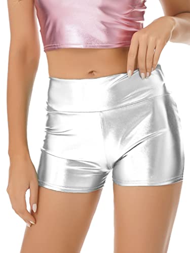 Doomiva Damen Metallic Shorts Tanz Shorts Frauen Hohe Taille Hose Leder Optik Hotpants Kurze Leggings Halloween Karneval Fasching Tanzhosen Silber XL von Doomiva