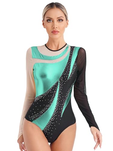 Doomiva Damen Metallic Turnanzug Langarm Tanzbody Patchwork Eiskunstlaufanzug Leotards Trikotanzug Einteiler Tanzanzug Blau Grün M von Doomiva