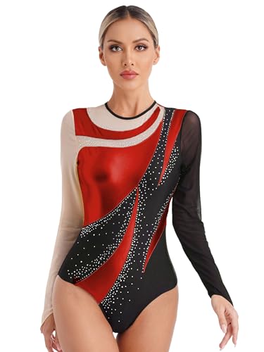 Doomiva Damen Metallic Turnanzug Langarm Tanzbody Patchwork Eiskunstlaufanzug Leotards Trikotanzug Einteiler Tanzanzug Rot L von Doomiva