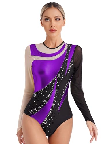 Doomiva Damen Metallic Turnanzug Langarm Tanzbody Patchwork Eiskunstlaufanzug Leotards Trikotanzug Einteiler Tanzanzug Violett M von Doomiva