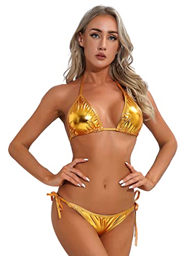 Doomiva Damen Micro Bikini Set Bra Bralette String-Tanga Set Bikini Dreipunkt-Bikini Badeanzug Transparent Spitze/Meatllic Reizwäsche Za Gold Einheitsgröße von Doomiva